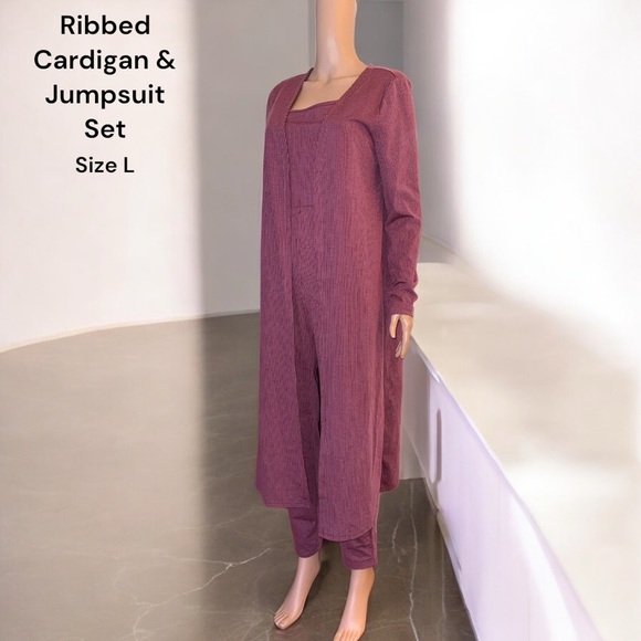 SHEIN Pants - SHEIN Women’s Ribbed Jumpsuit & Cardigan Two-Piece Set